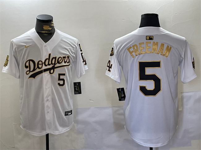 Men's Los Angeles Dodgers #5 Freddie Freeman White/Gold 2024 World Series With Fernando Memorial Home Limited Stitched Baseball Jersey Men's Los Angeles Dodgers #5 Freddie Freeman White/Gold 2024 World Series With Fernando Memorial Home Limited Stitched Baseball Jersey